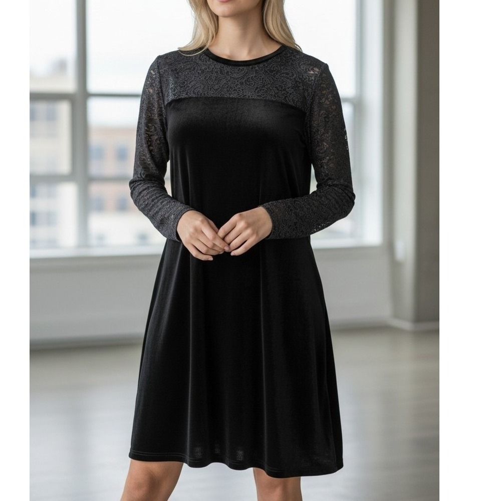 Jacqueline Ferrar Vintage Black Velvet‎ Shift Dress Womens 10 Long Sleeve Witchy